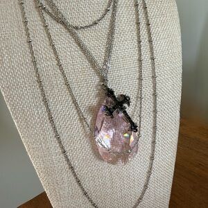 Silver Black Stone Cross and Pink Pendant Necklace